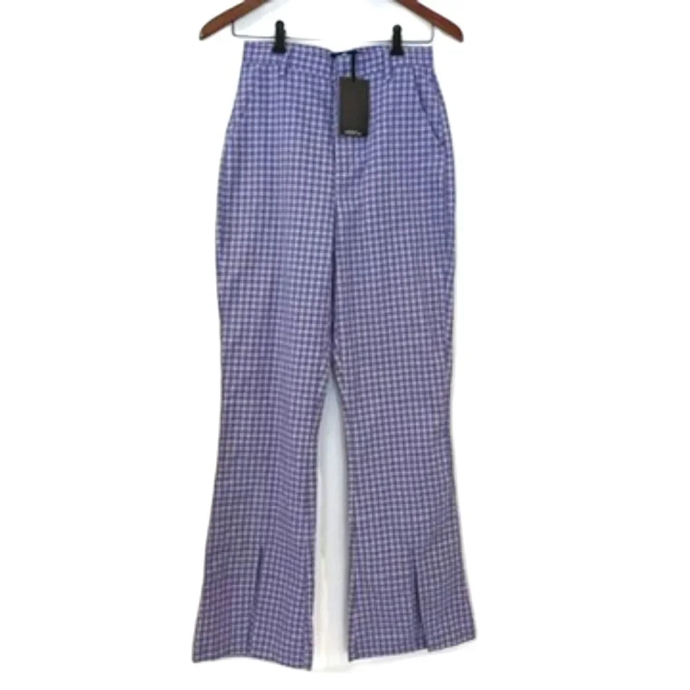 ASOS Heartbreak Purple Plaid Flare Pants Small Split Hems Flat Pockets NEW - Picture 2 of 8